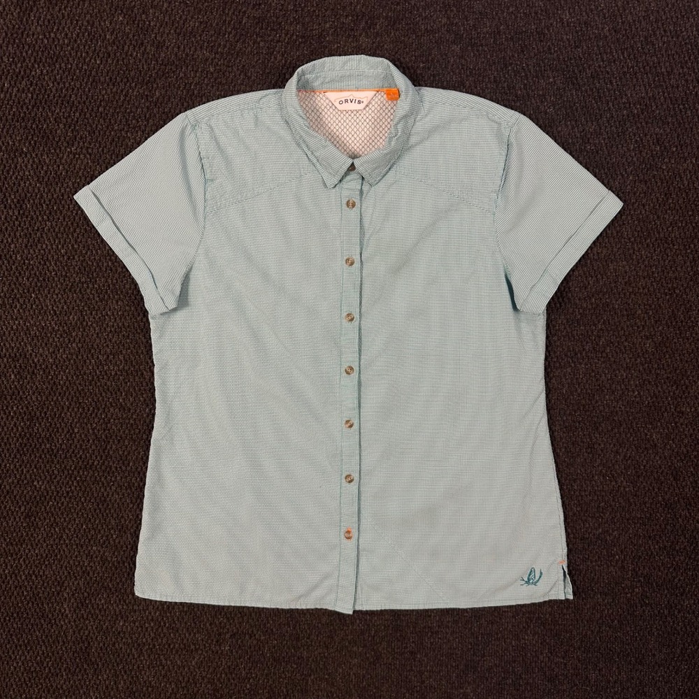 Orvis Seersucker Fishing Hiking Shirt Women L Teal Gingham Vented Outdoors